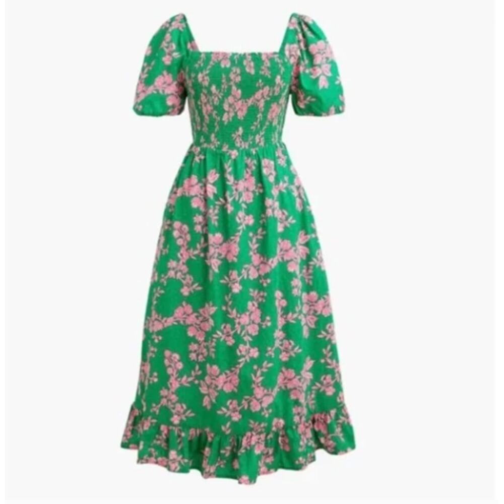 J. CREW Smocked Midi Dress Puff Sleeves Green Pink Floral Sz L {RR22} - Picture 3 of 8